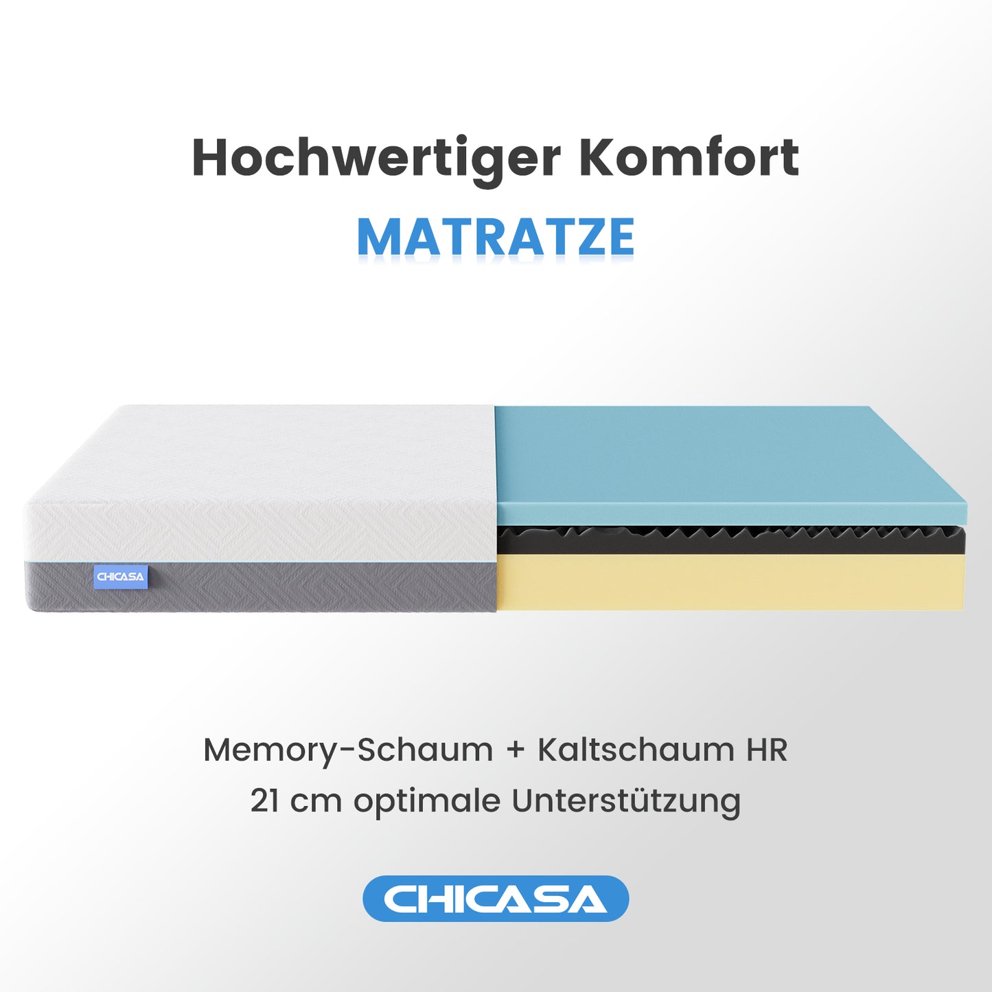 CHICASA Mattress 180x200 cm, Cold Foam Mattress with Memory Foam, 21 cm Height, 7-Zone, Double-Sided Use H3/H4, Removable Cover, OEKO-TEX Certified, Premium Sleep Quality