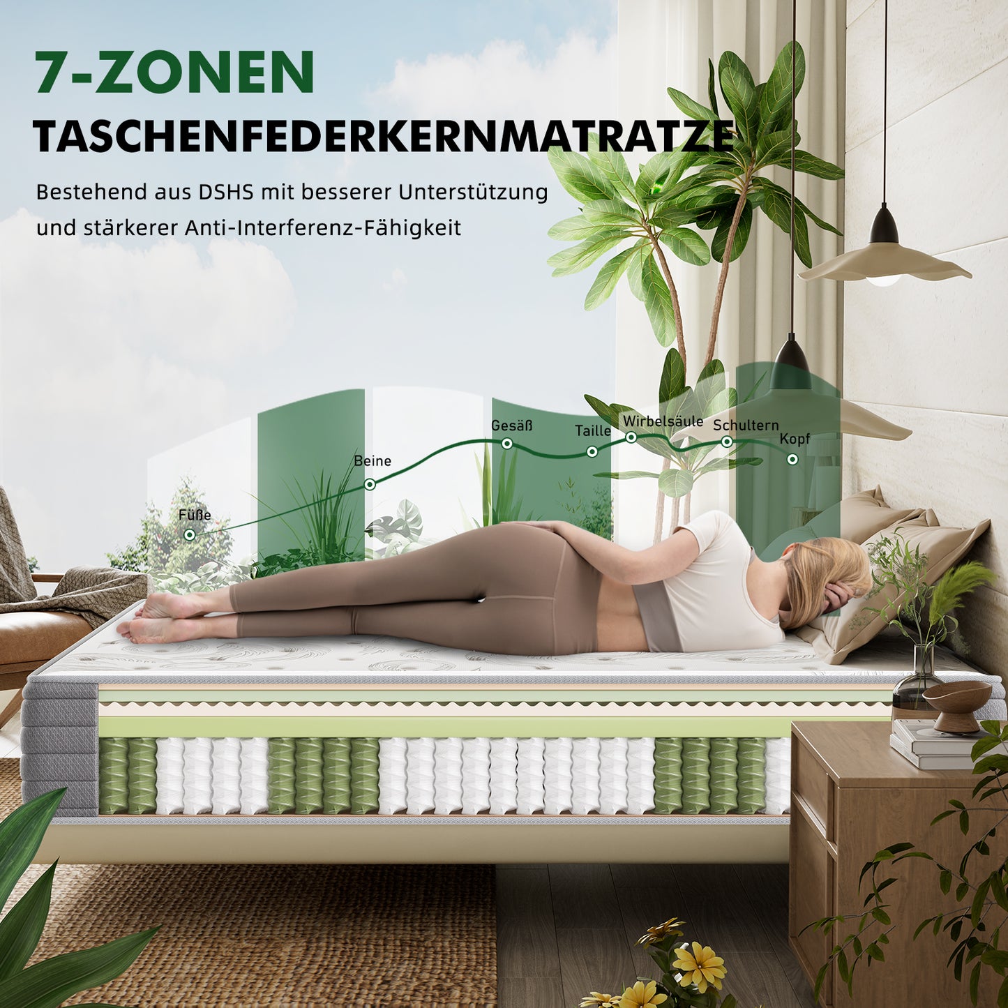 CHICASA Mattress, 22/25 cm, Pocket Spring Mattress, 7-Zone, HR Cold Foam, OEKO-TEX Certified, Anti-Allergic