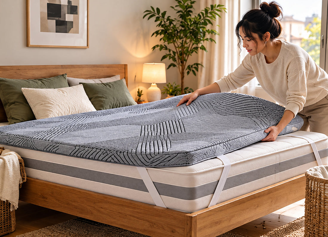 Mattress topper vs new mattress guide featuring a woman placing a gray mattress topper over an existing bed in a bright bedroom.