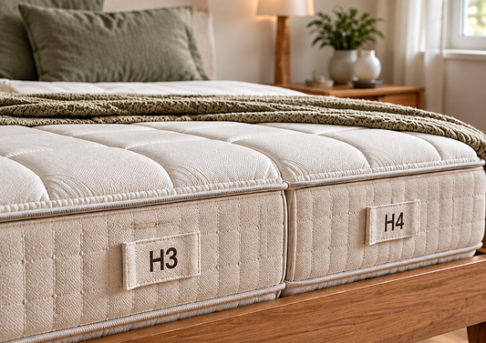 H3 vs H4 mattress firmness comparison showing two quilted mattress sections with different firmness labels in a cozy bedroom.
