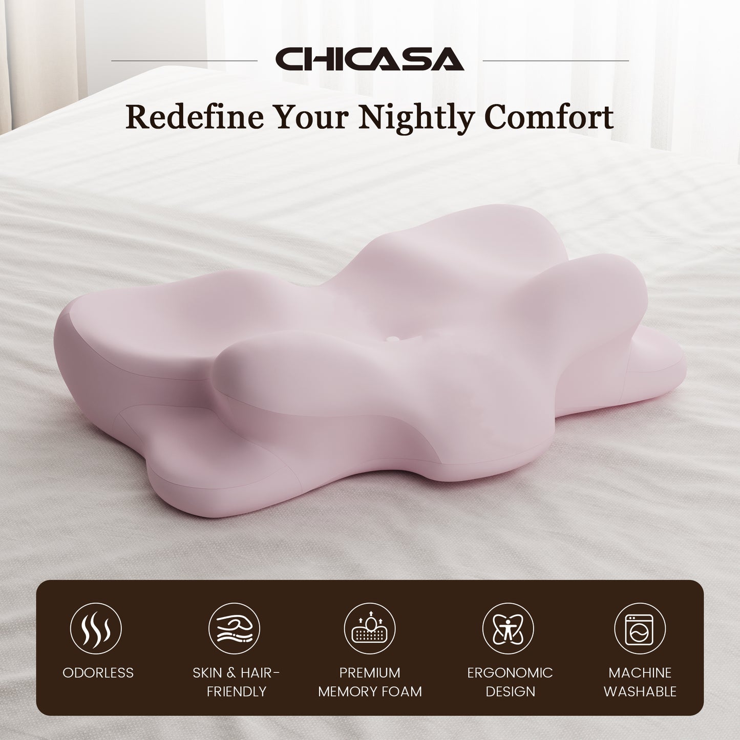 CHICASA 5-Zone Cervical Memory Pillow | 55D Slow Rebound Neck Support Pillow with Removable Cover & Dual Height for Travel
