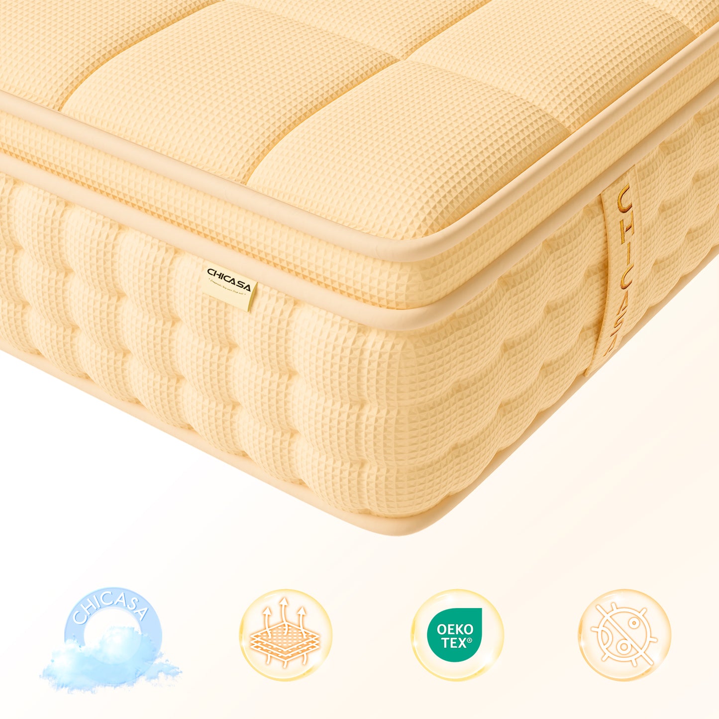 CHICASA Mattress 90x200 cm, 25 cm height, 9-zone pocket spring, HR cold foam, H3 firmness, orthopedic, OEKO-TEX certified, anti-allergic, waffle fabric cover